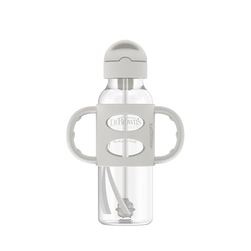 Dr. Brown's Milestones Narrow Sippy Straw Bottle, Spill-Proof with 100% Silicone Handles and Weighted Straw, 8 oz/250 mL, Gray & Blue, 6m+