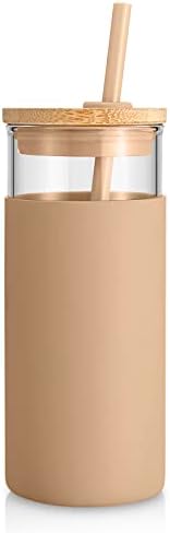 Tronco 20 oz Glass Tumbler with Lid & Straw - Iced Coffee Cup & Smoothie Cup With Silicone Sleeve | BPA-Free, Dishwasher Safe | Reusable Glass Cups with Bamboo Lids and Straws (Amber, 1 Count)