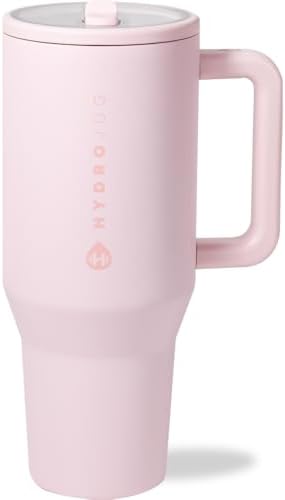 HydroJug Traveler - 40 oz Water Bottle with Handle & Flip Straw - Fits in Cup Holder, Leak Resistant Tumbler-Reusable Insulated Stainless Steel & Rubber Base - Gifts for Women & Men, Pink Sand