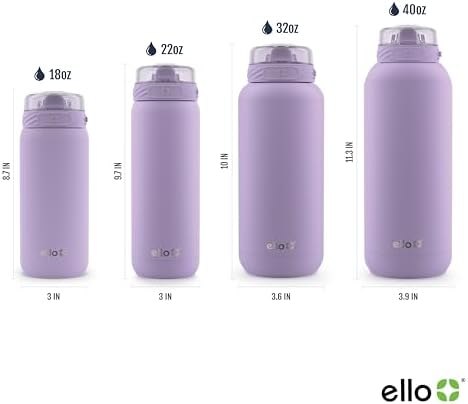 Ello Cooper 22oz Stainless Steel Water Bottle with Straw and Carry Handle, Double Walled and Vacuum Insulated Metal, Leak Proof Locking Lid with Soft Silicone Spout, Reusable, BPA Free, Lilac
