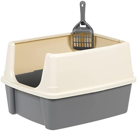 Amazon Basics Large Cat Litter Box with High Sides, Open Top, Includes Scoop, 19 x 15 x 11.75 inches, Grey/Beige