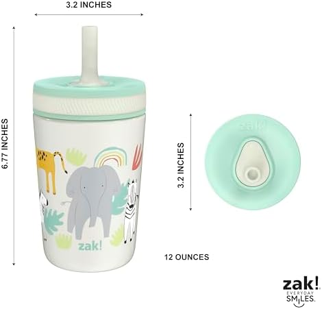 Zak Designs Kelso Toddler Cups For Travel or At Home, 12oz Vacuum Insulated Stainless Steel Sippy Cup With Leak-Proof Design is Perfect For Kids (Safari)