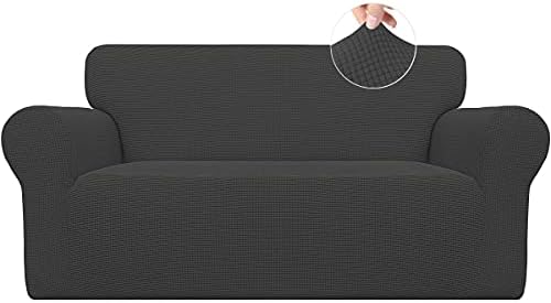 Easy-Going Stretch Loveseat Slipcover 1-Piece Sofa Cover Furniture Protector Couch Soft with Elastic Bottom for Kids Polyester Spandex Jacquard Fabric Small Checks (Loveseat, Dark Gray)