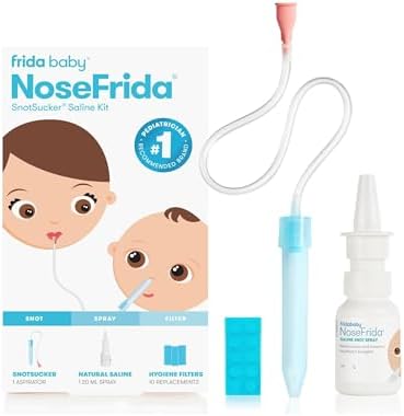 Frida Baby Saline Kit, Includes NoseFrida Nasal Aspirator for Baby, Baby Nose Sucker, Saline Nasal Spray for Babies with 10 Extra Hygiene Filters, Nasal Spray Decongestant, 0.68 fl oz