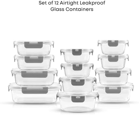JoyJolt 24pc Borosilicate Glass Storage Containers with Lids | 12 Airtight/Freezer Safe Food Storage Containers for Pantry and Kitchen | Meal Prep Container for Lunch | Glass Tupperware Set
