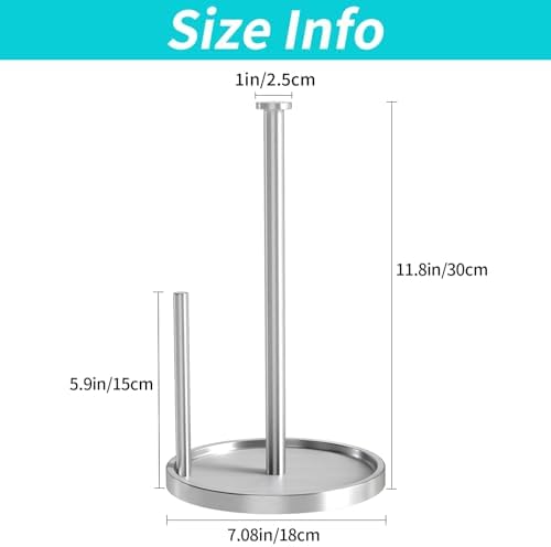 Paper Towel Holder Countertop, Standing Paper Roll Holder with Anti Slip Weighted Base, Stainless Steel Freestanding Paper Towel Holder for Kitchen, Silver