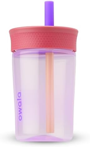 Owala Kids BPA-Free Plastic Tumbler with Spill Resistant Flexible Straw, Easy to Clean, Kids Water Bottle, Great for Travel, Dishwasher Safe, 15 Oz, Pink and Purple (Lilac Rocket)