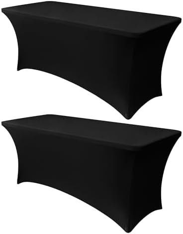 Obstal 6ft Stretch Black Spandex Table Cloth for Standard Folding Tables - 2 Pack Universal Rectangular Fitted Tablecloth Protector for Wedding, Trade Show, Vendor Stand