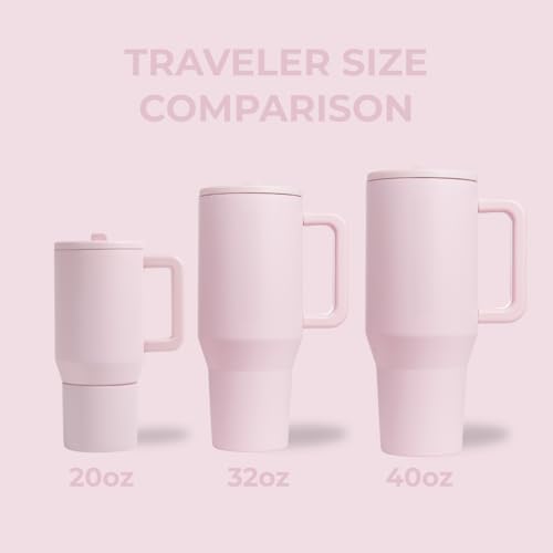 HydroJug Traveler - 40 oz Water Bottle with Handle & Flip Straw - Fits in Cup Holder, Leak Resistant Tumbler-Reusable Insulated Stainless Steel & Rubber Base - Gifts for Women & Men, Pink Sand