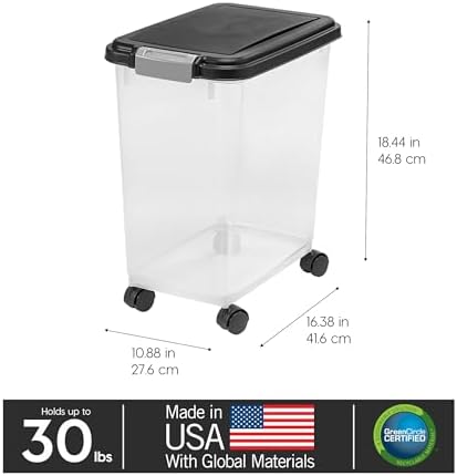 IRIS USA Airtight Pet Food Storage Container with Wheels, Black, 30 lb Capacity - BPA-Free Clear Plastic Bin with Snap-Lid Seal to Keep Kibble, Pellets or Seeds Fresh for Dogs, Cats and Birds