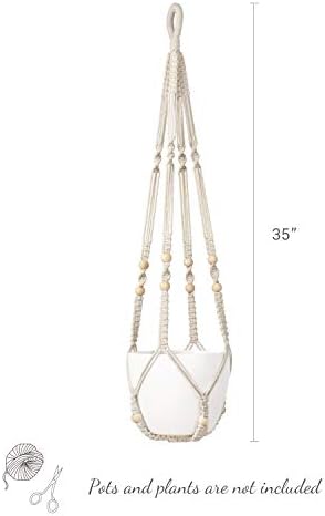 Mkono Macrame Plant Hanger Indoor Hanging Planter Basket with Wood Beads Decorative Flower Pot Holder No Tassels for Indoor Outdoor Boho Home Decor 35 Inch, Ivory, Set of 2 (POTS NOT Included)