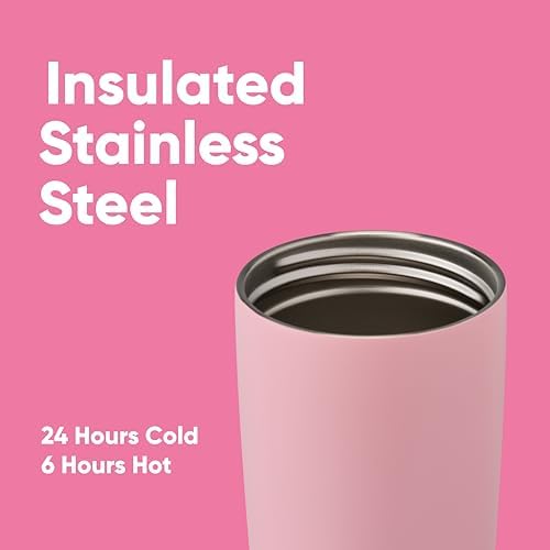 Owala SmoothSip Slider Insulated Stainless Steel Coffee Tumbler, Reusable Iced Coffee Cup, Hot Coffee Travel Mug, BPA Free 20 oz, Pink (Pucker Up)