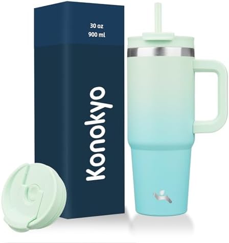 30 oz Tumbler with Handle and 2 Straws,2 in 1 Lid Insulated Water Bottle Stainless Steel Travel Coffee Mug,Mint