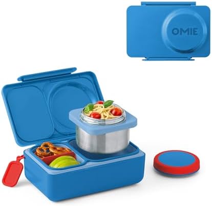 Omie OmieBox UP bento Box for Kids | Insulated Lunch Box | Leak Proof Vacuum Insulated Thermal Food jar | Cooler ice Pack | 2 Compartments (Cosmic Blue)
