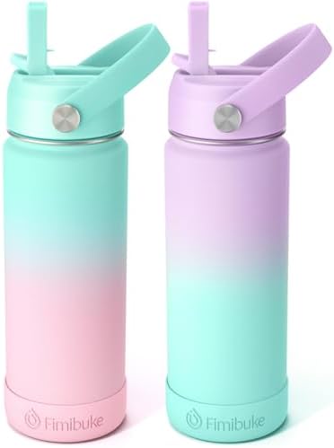 Fimibuke Kids Insulated Water Bottle - 18oz BPA-FREE 18/8 Stainless Steel Kid Cup with Straw Travel Tumbler Leak Proof Double Wall Vacuum Toddler Water Bottle for School Boy Girl(2 Pack, Candy/Bubble)