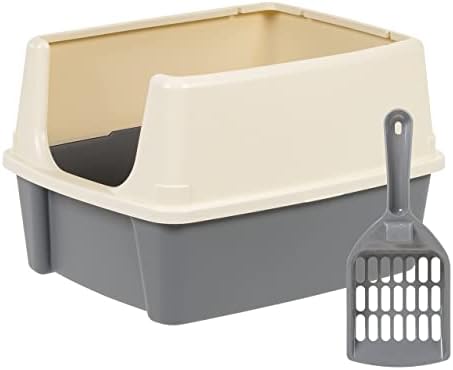 Amazon Basics Large Cat Litter Box with High Sides, Open Top, Includes Scoop, 19 x 15 x 11.75 inches, Grey/Beige
