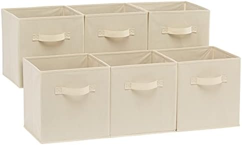 Amazon Basics Collapsible Fabric Storage Cubes Organizer with Handles, Sturdy, Beige, 10.5-x-10.5-x-11-inch, Pack of 6