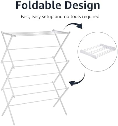 Amazon Basics Foldable Portable Laundry Rack for Air Drying Clothing, Indoor Outdoor Use - 14.5" D x 29.5" W x 41.8" H, White