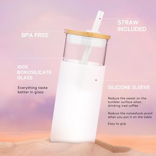 Tronco 20 oz Glass Tumbler with Lid & Straw - Iced Coffee Cup & Smoothie Cup With Silicone Sleeve | BPA-Free, Dishwasher Safe | Reusable Glass Cups with Bamboo Lids and Straws (Amber, 1 Count)
