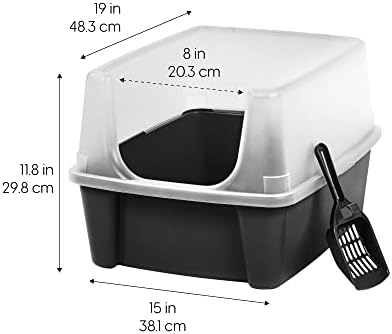 IRIS USA Large Open Top Cat Litter Box with High Sides, Scatter Shield & Scoop, Black - Easy Clean Plastic Litter Pan for Indoor Cats, Kittens or Multicat Homes