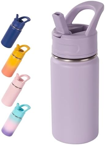 12oz Kids Water Bottle for School, Toddler Bottles with Straws, Stainless Steel Vacuum Insulated Water Bottle for Boys&Girls, Leak-Proof, BPA-Free, Purple