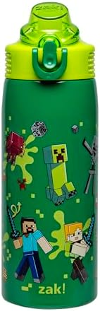 Zak Designs Minecraft Sage Kids Water Bottle For School or Travel, 19oz Stainless Steel Water Bottle With Straw, Handle, and Leak-Proof, Pop-Up Spout Cover (Steve, Alex, Mobs)