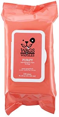 Wags & Wiggles Purify Hypoallergenic Wipes for Dogs, Zesty Grapefruit Scent - Scented Dog Wipes Gently Clean & Condition Your Dog's Coat Without A Bath, 100 Count - 12 Pack