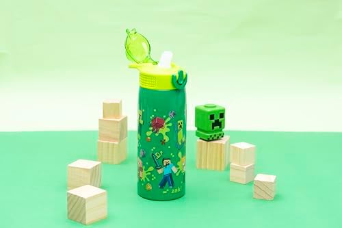 Zak Designs Minecraft Sage Kids Water Bottle For School or Travel, 19oz Stainless Steel Water Bottle With Straw, Handle, and Leak-Proof, Pop-Up Spout Cover (Steve, Alex, Mobs)