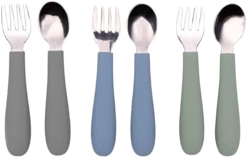 WeeSprout Toddler Utensils, 3 Forks & 3 Spoons, 18/8 Stainless Steel & Food Grade Silicone, Thick Easy-Grip Handles, Perfect Length For New Self Feeders, Gentle On Gums & Teeth, Dishwasher Safe