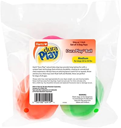 Hartz DuraPlay Ball Squeaky Latex Dog Toy, Medium 3 Pack