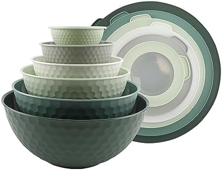 COOK WITH COLOR Mixing Bowls with Lids - 12 Piece Plastic Nesting Bowls Set includes 6 Prep Bowls and 6 Lids, Non Slip Bottom and Embossed Design - Microwave Safe (Sage)