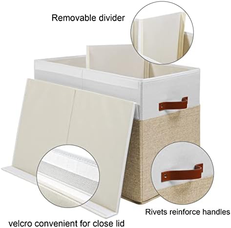 Large Toy Storage Box with Lid, Sturdy Toys Storage Chest Bin Organizer Basket with Dividers for Kids, Boys, Girls, Nursery, Closet, Bedroom, Playroom 25"x13" x16" (Beige and White)