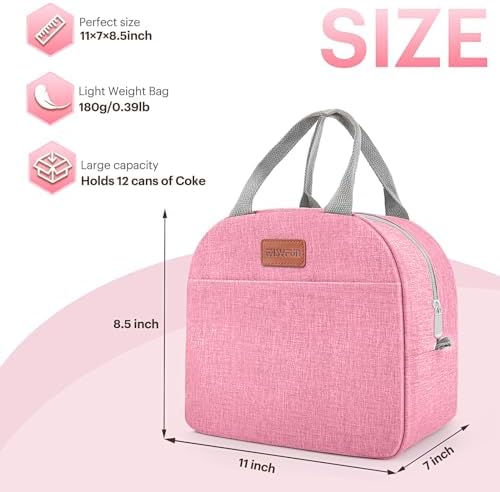 Lunch Bag for Women & Men Adult Insulated Lunch Box, Small Leakproof Cooler Food Lunch Containers Reusable High Capacity Lunch Tote Bags for Work, Travel, Outdoor (Pink)