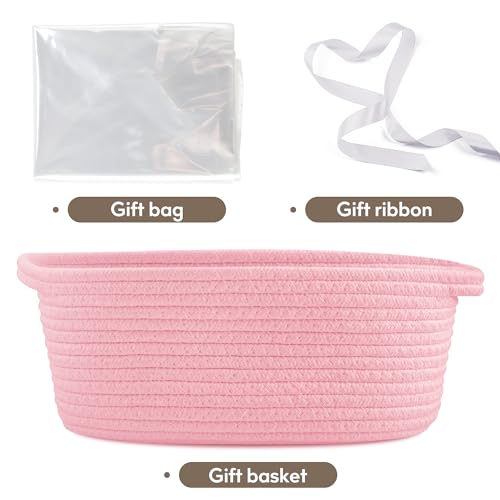 Pro Goleem Small Woven Basket with Gift Bags and Ribbons Durable Baskets for Gifts Empty Small Rope Basket for Storage 12"X 8" X 5" Baby Toy Basket with Handles, Pink