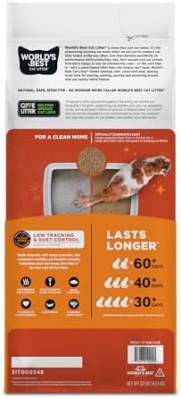 WORLD'S BEST CAT LITTER Low Tracking & Dust Control Multiple Cat Unscented 32-Pounds - Natural Ingredients, Quick Clumping, Flushable & Made in USA - Long-Lasting Odor Control & Easy Scooping