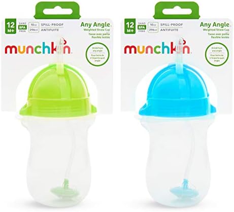 Munchkin Any Angle Weighted Toddler Straw Cups with Click Lock Lid, 10 Ounce, 2 Pack, Blue/Green