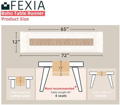 FEXIA Boho Table Runner for Summer Home Decor with Tassels 72 Inches Long Farmhouse Rustic Table Runner Macrame Burlap Table Decoration for Living Room Bridal Shower(12x72 Inches)