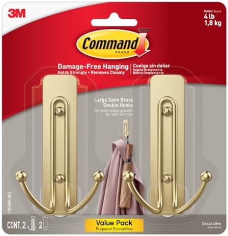 Command Large Satin Brass Double Hooks, 2 Coat Hooks and 2 Command Strips, Damage-Free Hanging with Adhesive, No Tools Great for Hanging Home Decor, Holds up to 4 lb