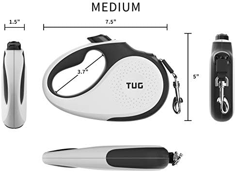 TUG 360° Tangle-Free Retractable Dog Leash | 16 ft Strong Nylon Tape | One-Handed Brake, Pause, Lock (Medium, White)