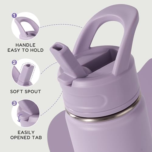 12oz Kids Water Bottle for School, Toddler Bottles with Straws, Stainless Steel Vacuum Insulated Water Bottle for Boys&Girls, Leak-Proof, BPA-Free, Purple