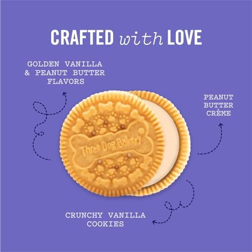 Three Dog Bakery Lick'n Crunch Sandwich Cookies Premium Dog Treats with No Artificial Flavors, Golden & Peanut Butter Flavor, 13 Ounces (Pack of 6)