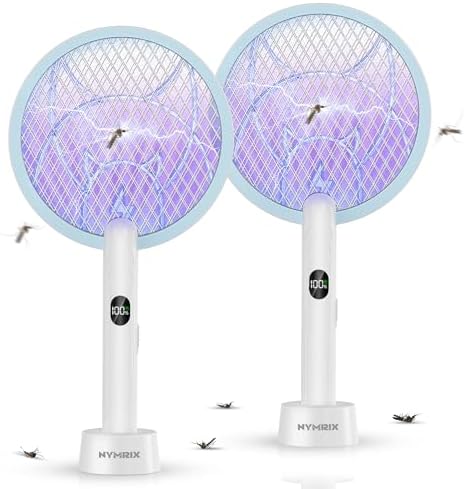 Electric Fly Swatter Racket, 2 in 1 Mosquito Bug Zapper 4100V Handheld Mosquito Killer with 1800 mAh Rechargeable Battery, Purple Lightand 3-Layer Safety Mesh for Indoor Outdoor Blue Two-Pack