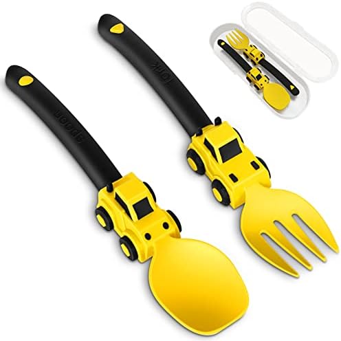 Construction Toddler Utensils - Toddler Forks and Spoons - Kids Construction Truck Toys - Forks and Spoons Silverware Set - Christmas Birthday Gift Kids Toys for 1 2 3 4 5 year old, Yellow