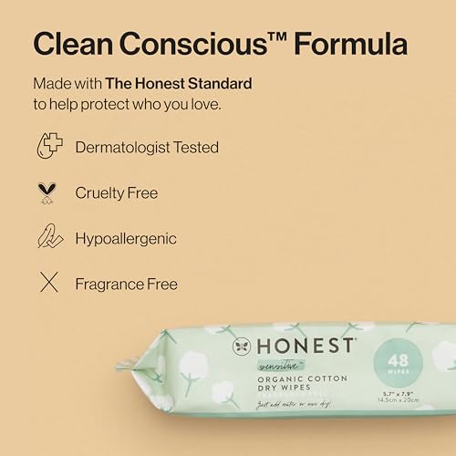 The Honest Company 100% Pure Organic Cotton Dry Wipes | Multi-Use Disposable Facial Cloth and Baby Wipe | Hypoallergenic and Gentle on Skin | 192 Count