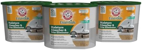 Arm & Hammer Essentials Disposable Moisture Absorber and Odor Eliminator Tub, Linen Fresh, 1 lb., 3-Pack, Attracts and Traps Excess Moisture, Ideal Closet Non-Electric Dehumidifier