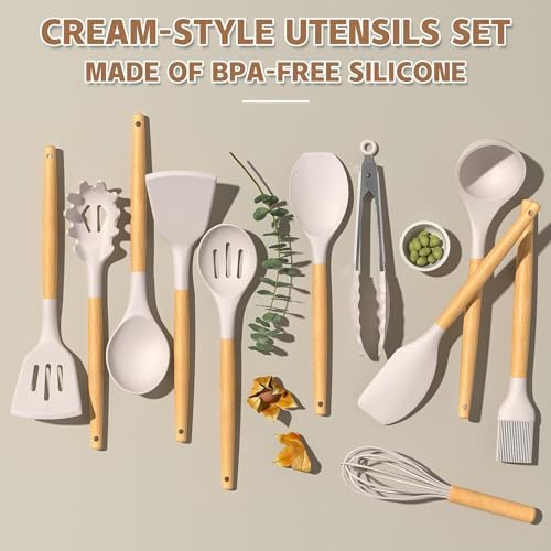 Umite Chef Kitchen Cooking Utensils Set, 33 pcs Non-Stick Silicone Cooking Kitchen Utensils Spatula Set with Holder, Wooden Handle Silicone Kitchen Gadgets Utensil Set (Khaki)
