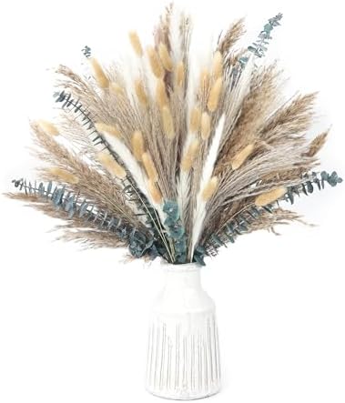 120 PCS Dried Pampas Grass Decoration, Pampas Grass with Preserved Eucalyptus Leaves Dried Flowers, Reed Grass Bouquet for Bohemian Flowers Home Table Wedding Decoration, Rustic Farmhour.(light brown)
