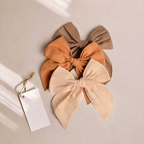 Niceye Fable Girls Hair Bows Cotton Linen Alligator Hair Clips or Little Girls Toddlers Kids Neutral Handmade Hair Accessories - 5.5” bow