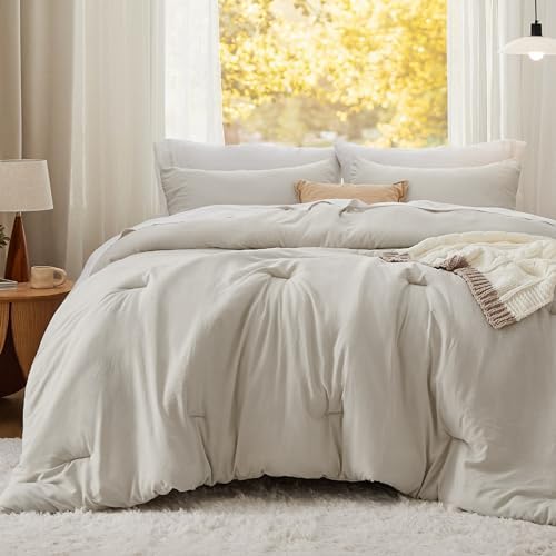 Bedsure Queen Size Comforter Set, Beige Soft Prewashed Bedding for All Seasons, 3 Pieces GentleSoft™ Warm Down Alternative Bed Set, 1 Lightweight Comforter (90"x90") and 2 Pillowcases (20"x26")