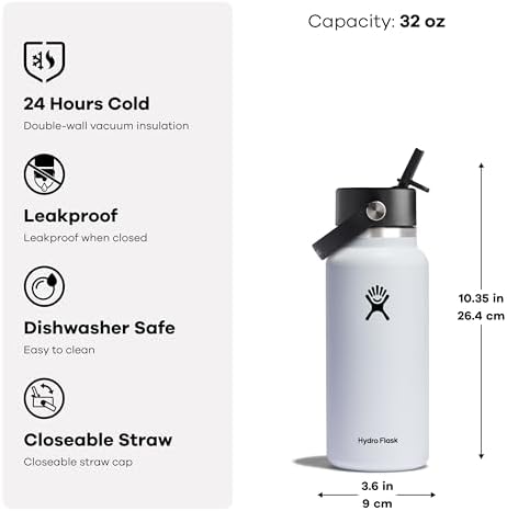 Hydro Flask 32 Oz Wide Flex Straw Cap Bottle - Insulated Stainless Steel - Wide Straw Lid, Non Spill, Leakproof in Polar Plunge